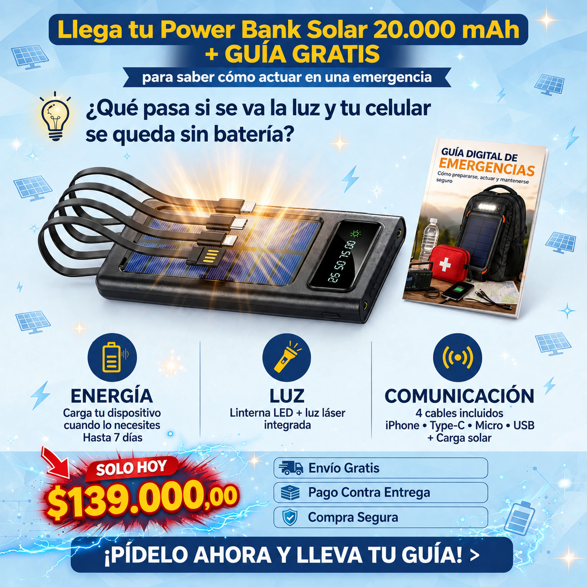 Kit de Emergencia Solar 20.000 mAh — Que Nunca te Falten Energía, Luz y Comunicación | BONO GRATIS: Guía Digital de Emergencias