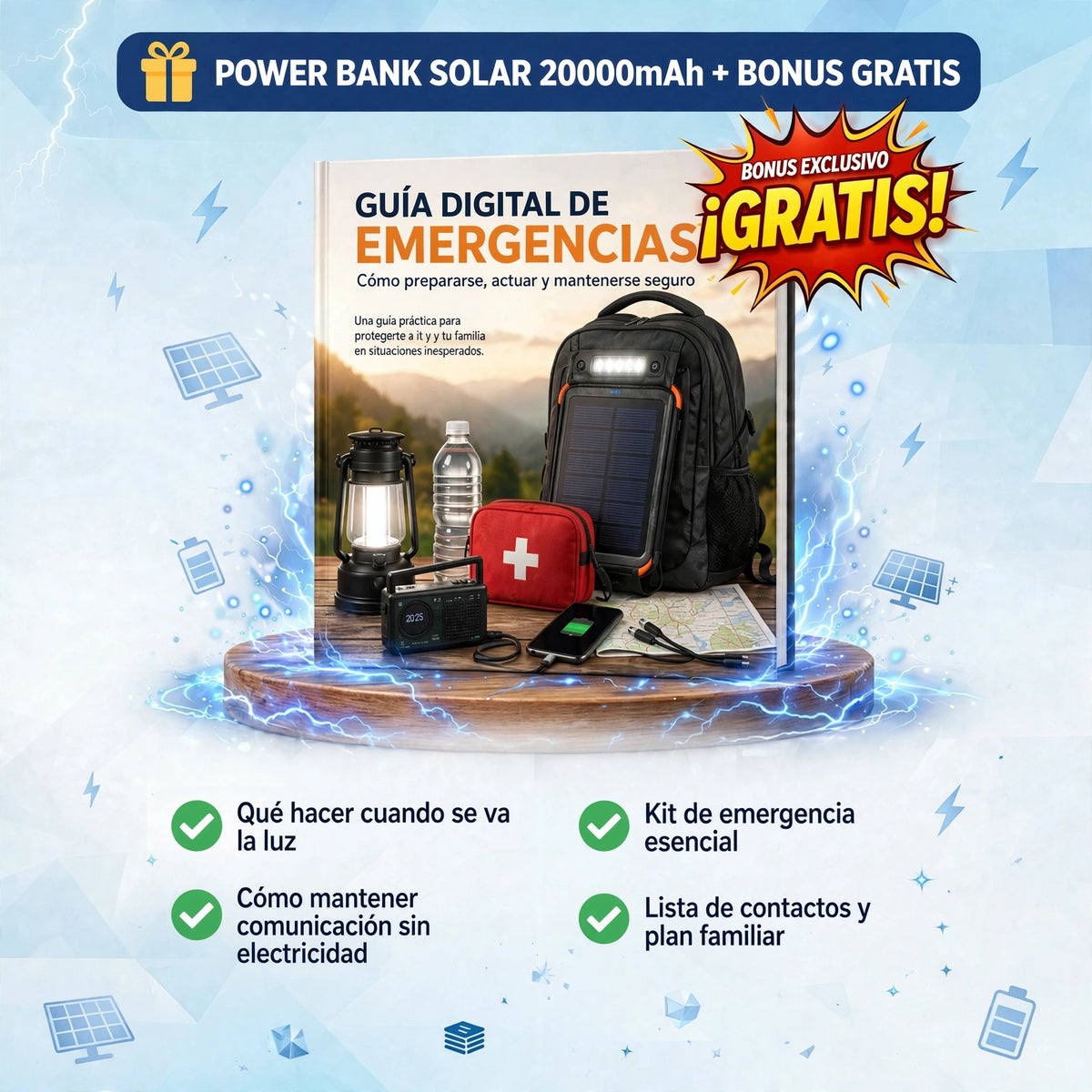 Kit de Emergencia Solar 20.000 mAh — Que Nunca te Falten Energía, Luz y Comunicación | BONO GRATIS: Guía Digital de Emergencias